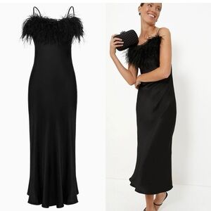 NWT Sleeper Boheme black midi slip dress feather trim